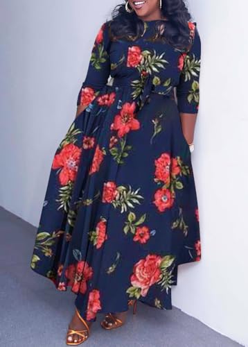 Image of Hostoyo Women Plus Size Formal A Line Maxi Dress Self Tie Waist with Pockets Elegant Round Neck Swing Long Dresses
