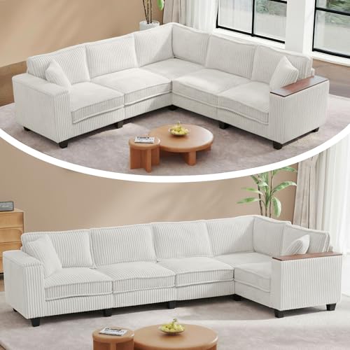 Image of 126 inch L Shaped Sectional Couch, Comfy Corduroy Sectional Couch, Modular Convertible V Shaped Couch, 5 Seat Corner Sofa with 2 Pillows & Storage Armrests for Living Room, Beige