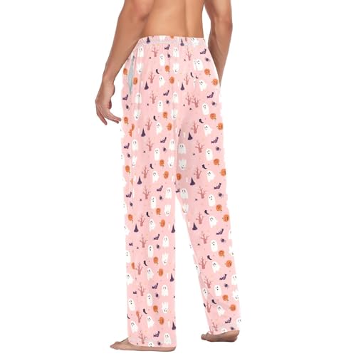 Cute Halloween Pumpkin Ghost Pink Men's Pajama Pants Cotton Sleep Bottoms with Drawstring A23044394