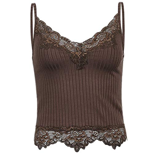Acsuss Lace Patchwork Crop Top Y2K E Girls Clothes Fairy Grunge Style Cropped Tees Cami Ribbed Knitted Tank Tops Brown #1 L #TOP7