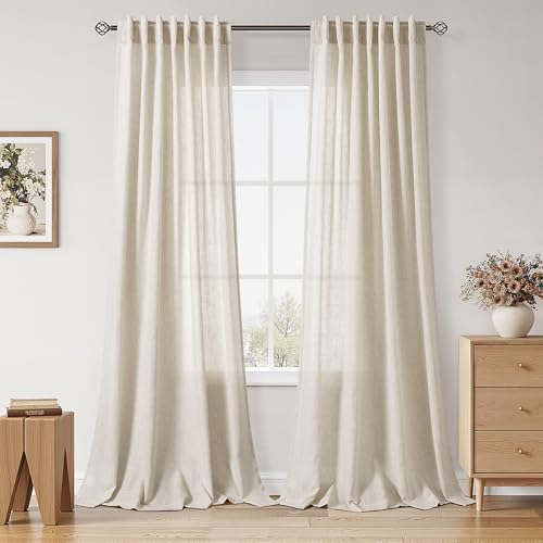 Image of Nanspring Warm Beige Linen Curtains 102 Inches Long Rod Pocket Back Tab Drapes 2 Panels Set for Living Room Bedroom Light Filtering Semi Sheer Warm Beige Curtain 102 Length for Patio Door 52x102