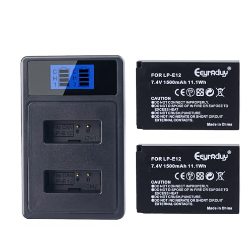 2-Pack LP-E12 Batteries and Dual Battery Charger for Canon EOS-M EOS M2 EOS M10 EOS M50 EOS M50 Mark II EOS M200 EOS M100 EOS M200 SX70 HS Rebel SL1 Digital Cameras 1500mAh