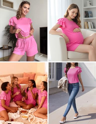 Image of Ekouaer Womens Pajama Sets 2 Piece Ruffle Sleeves Top and Shorts Pjs | Soft Sleepwear Cute Loungewear Set with Pockets for Sleep, Lounge, Wedding, Party, Bridal
