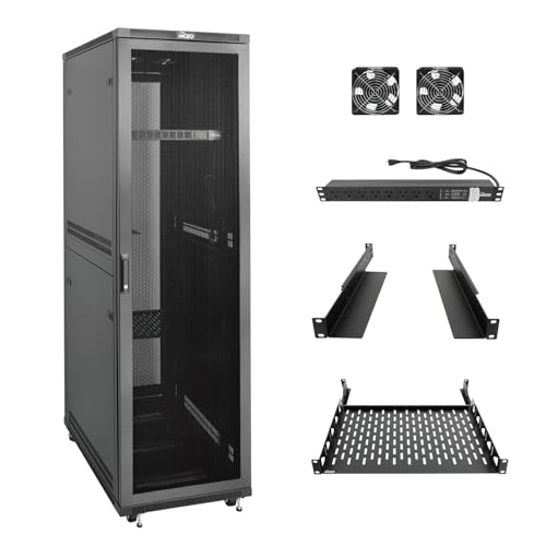 Tecmojo 42U Server Rack Network Cabinet with PDU, Cooling Fans, Rack Rails, Shelf & Casters Locking Data Cabinet Enclosure for 19" Server, Networking, AV, IT Equipment, Mesh Door (42U 23.6"w*31.5"d )