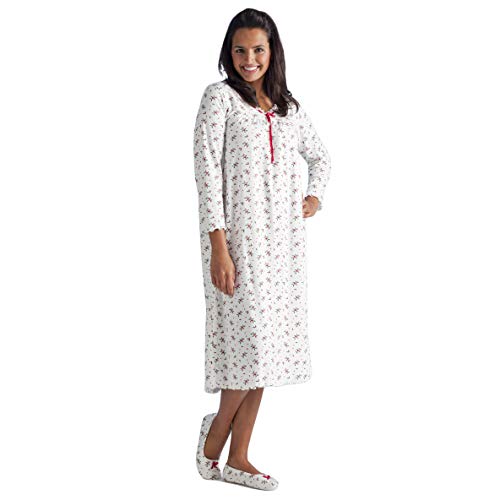 La Cera Long Sleeved Holly Print Cotton Knit Nightgown Ivory #TOP4