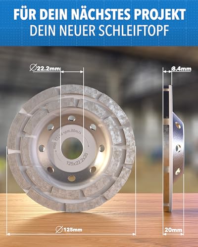 Schleiftopf 125 mm für Winkelschleifer – Diamant-Schleifteller für Beton, Stein & Mörtel – Turbo-Schleifscheibe mit hoher Abtragsleistung – geeignet für Trocken- & Nassschliff