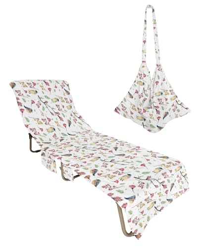 Spring Floral Beach Lounge Chair Towel Cover, Soft Chaise Lounge Towel with Side Pockets Patio Pool Chairs Cover for Beach/Pool Sunbathing 29x85 Watercolor Pastoral Botanical Birds