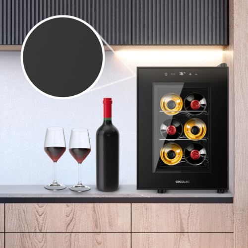 Cecotec Bolero GrandSommelier 600 CoolCrystal E, Weinkühlschrank, Kapazität 6 Flaschen, Metallregale, Touch-Steuerung, Temperatur 8 bis 18 °C, Schwarz