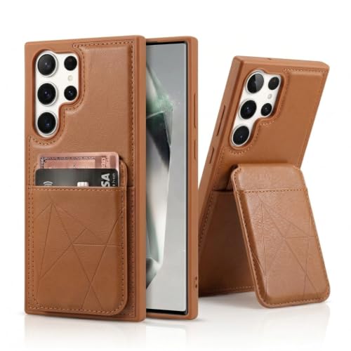 Image of amazon basics Premium Vegan Leather Back Cover with Card Holder and Integrated Mobile Stand for Samsung Galaxy S23 Ultra 5G - Slim Shockproof Wallet Case with Geometric Stitching [Tan]
