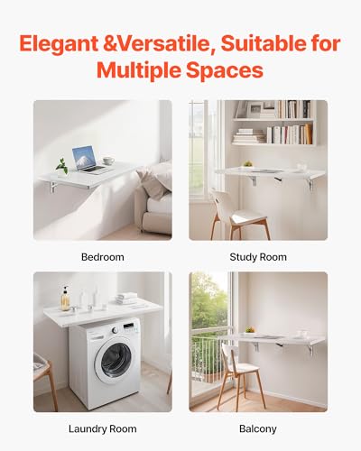 Image of VEVOR Wall Mounted Folding Table, 39.4 x 19.7 inches Wall Mount Table, Floating Desk with Iron Bracket for Small Spaces, Home Office, Dining, Laundry Room, Kitchen, Bar, White