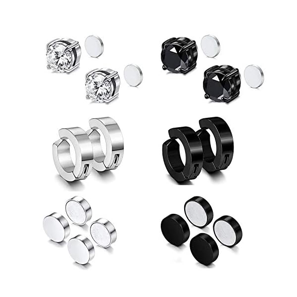 RIOSO Magnetic Stud Earrings for Men Women Stainless Steel Hoop Cross Non Piercing Fake Gauges Earring Black CZ Hypoallergenic Magnet Earring Set, Cubic Zirconia - Image 3