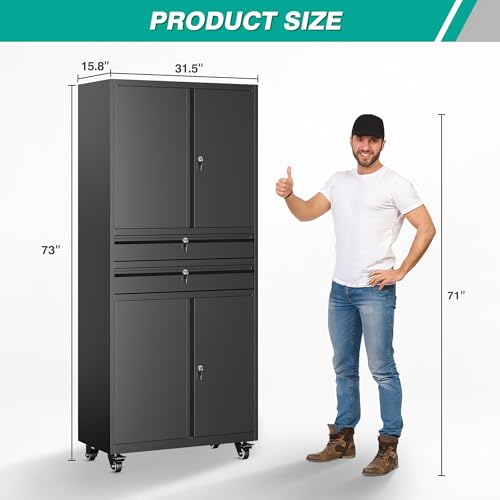 Image of Metal Storage Cabinet with Wheels and Drawers,Rolling Garage Storage Cabinet with Locking Doors and Adjustable Shelves,73 inch Mobile Tall Large Metal Tool Cabinets with Locks for Home,Office,Garage