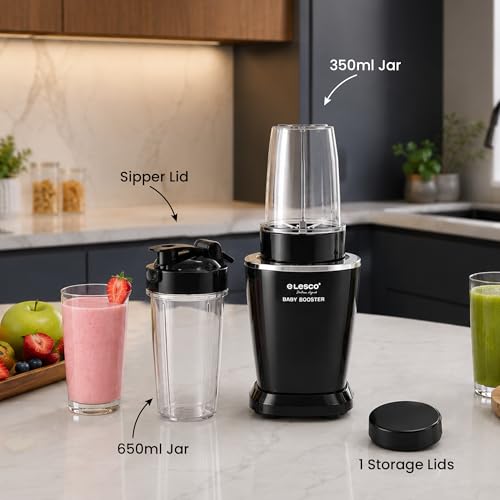 Image of Lesco Baby Booster Pro 550W Mixer Grinder & Nutri Blender|22000 RPM High Speed Bullet Mixer|2 Jars|Smoothie Maker, Juicer & Dry Grinder|Compact Multipurpose Kitchen Blender-Black