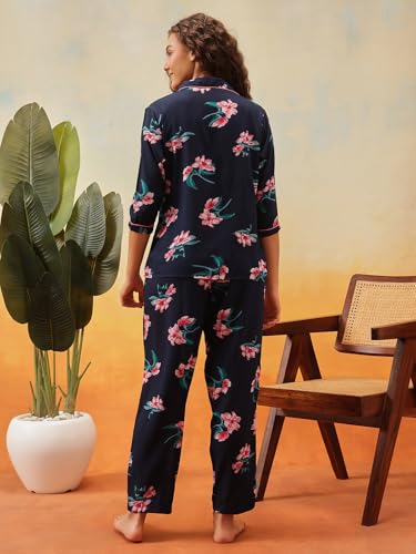 Image of Clovia Women's Cotton Printed Button Down Shirt & Pyjama Night Suit Set