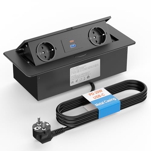 Ohuo Versenkbare Steckdose mit USB C 20W, Einbausteckdose Versenkbar 2fach Aluminium Versenkbare Steckdosenleiste Schwarz, 1,8M Kabel