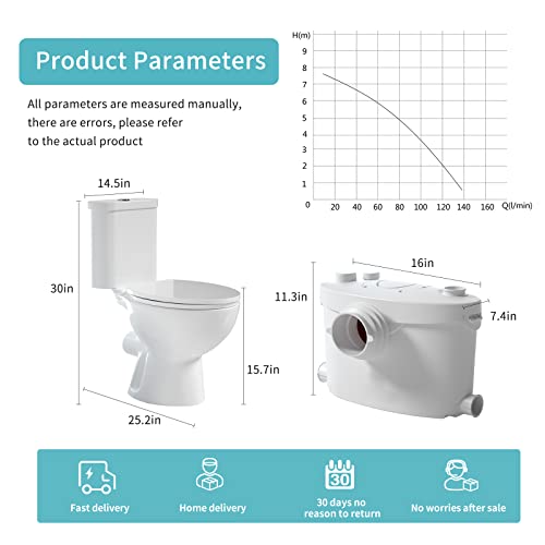 Macerating Toilet System | Macerator Pump With 4 Water Inlets, White & Two-Piece Upflush Toilet For Basement, Including Round Bowl, Water Tank #TOP6