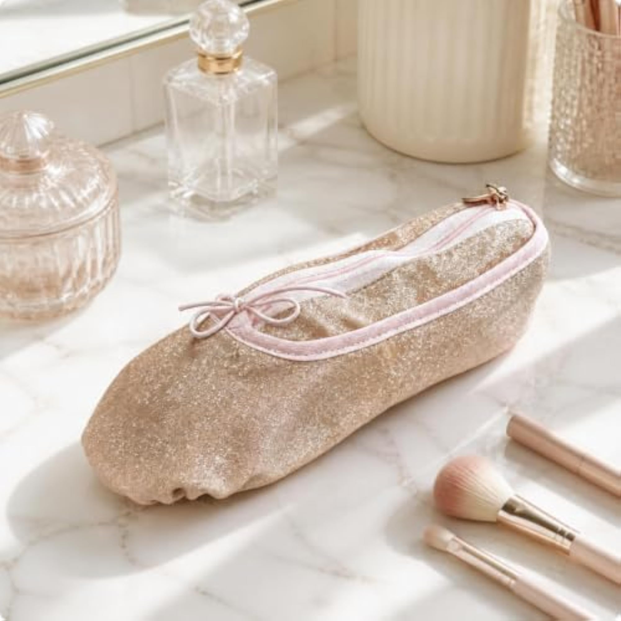 Zippered Ballet Shoe Pouch, Fine Glitter Finish, Travel Makeup Bag