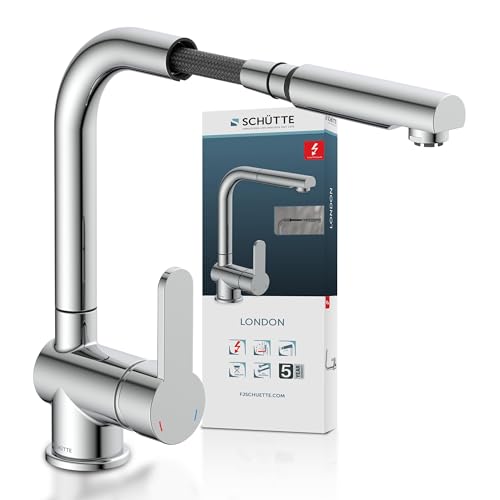 SCHÜTTE London 79719, Rubinetto da Cucina a Bassa Pressione con doccetta Estraibile, per Caldaia/sottotavolo, orientabile a 360 Gradi, Cromato, Ottone, Cromo, 29,8cm