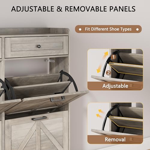 Image of Shoe Cabinet with 6 Flip Drawers & 2 Top Drawers, 57 inch Tall Freestanding Narrow Wooden Shoe Storage Organizer for Entryway, Hidden Slim Shoe Rack for Front Door Entrance, Hallway, Living Room, Grey