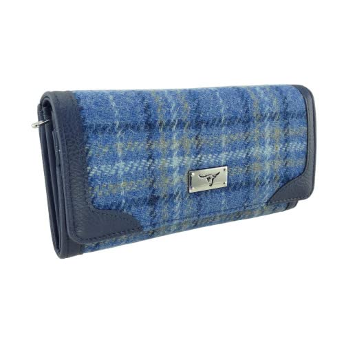 Women's Harris Tweed Long Purse - Scottish Tartan Wool Wallet with Multiple Card Slots & Zipper Pocket - Stylish Gift for Women - Blue Check