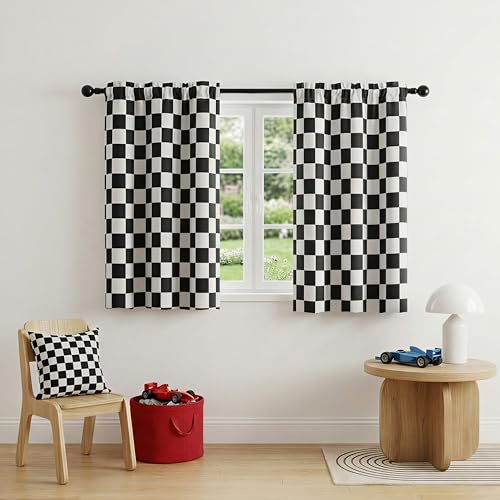 BOHOMOCASA Rod Pocket & Back Tab Checkered Curtains, 2 Panels, Each W42×L45, Race car Flag Checkerboard,100% Blackout, Thermal Insulated Noise Reducing for Bedroom