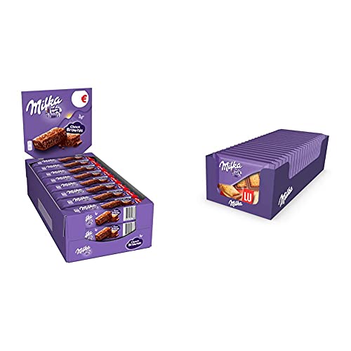 Milka Choco Brownie - Gâteau Moelleux au Chocolat et Pépites de Chocolat - Présentoir de 24 Sachets (50 g) & Mini tablettes chocolat au lait et au biscuit LU-Pack de 20 mini tablettes (35g)