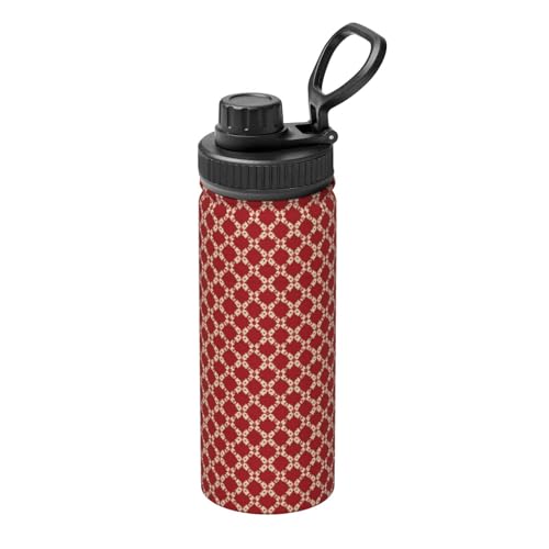 Botella de agua deportiva con textura de tela con diseño rojo y crema, botella de agua aislada de acero inoxidable de 18 onzas, a prueba de fugas, termo caliente y frío, taza de viaje para senderismo