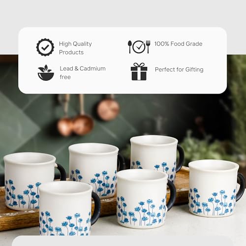 Image of The Earth Store Blue Flower Tea Cup Set of 6, 150 ML Each, Microwave and Dishwasher Safe Coffee Cups | Cup Set for Tea | Tea /chai Cups for Gifting, Home & Office Use, Every Occasion