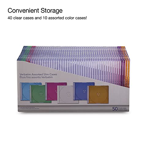 Image of Verbatim CD DVD Blu-Ray Disc Slim Storage Disc Cases 0.2 inches Assorted Colors (40 Clear - 10 Colors) -71128 (Pack of 150)