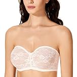 DOBREVA Women's Strapless Bras See Through Sheer Lace Non Padded Underwired Multiway Bra Rose White 42D