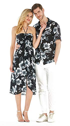 Couple Matching Hawaiian Luau Party Outfit Set Shirt Dress in Black Rafelsia