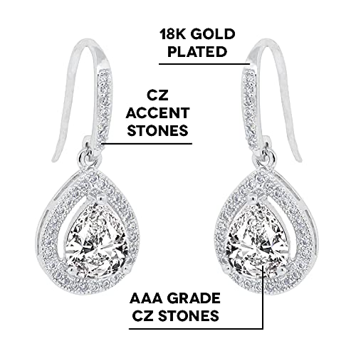 Cate & Chloe Isabel 18K White Gold Dangle Earrings | Teardrop Cubic Zirconia Earrings, Women's Drop & Dangle Earrings, Halo Silver Earring Set, Hypoallergenic Earrings Fashion Jewelry #TOP1