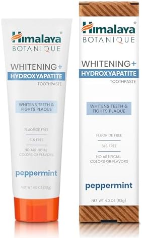 Himalaya Botanique Peppermint Whitening+ Hydroxyapatite (nHA) Toothpaste, Whiter Teeth & Fresher Breath with Hydroxyapatite Support & Peppermint Flavor, Fluoride Free, SLS Free, & Vegan, 4.0 oz (113g)