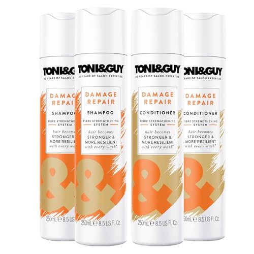 Toni & Guy Damage Repair Shampoo and Conditioner Set Pack of 2 250ml Each with Keratin Active Technology for Stronger Healthier Revitalised Hair - Nourishing Hair Care Duo for Damaged Hair