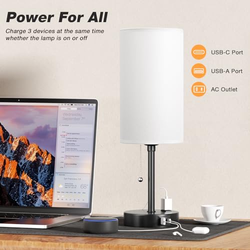 Image of 17 inch Bedside Lamp for Bedroom - USB A+C Port, AC Outlet,3 Color Temperature