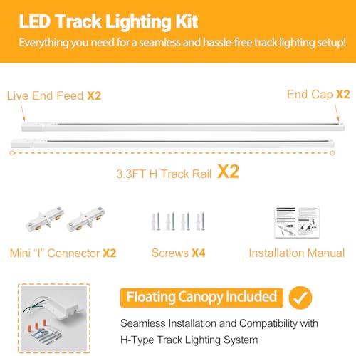 VANoopee 6.6FT H Track Lighting Rails White H Type Track Lighting Kit with Floating Canopy Connector, End Caps, Live End Feeds, I Connectors, Compatible with Single Circuit H Style Track System - Thumbnail 2