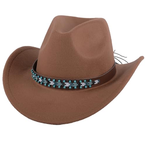 BITUSIC Sombrero de vaquero occidental marrón de tamaño universal, sombrero de vaquera de fieltro de ala ancha para mujer, diseño simple y elegante, material cómodo, protección solar, transpirable,