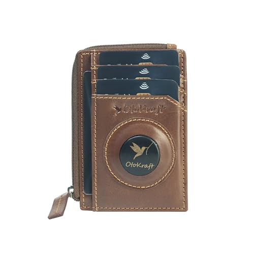 AirTag Wallet for Men – RFID Blocking Slim Leather Wallet with Built-in AirTag Holder, Holds 6 Cards, Zipper Coin Pocket, 1 ID Window, Minimalist Front Pocket Wallet – Full Grain Leather