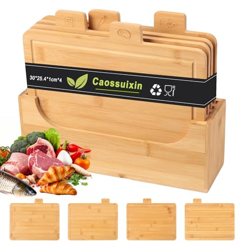 Caossuixin 4-Piece Bamboo Chopping Board Set with Stand, Wooden Chopping Boards with Tag Classification- Chopping Meat, Vegetables, & Bread, Food Grade Boards for Cutting & Chopping, Kitchen Gift Set