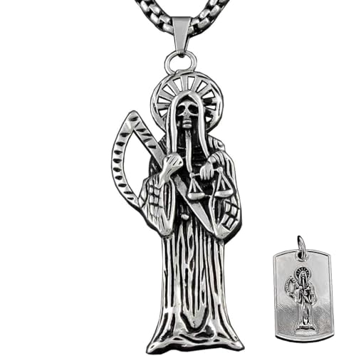 vogueteen Men Stainless Steel Holy Saint Death Santa Muerte Skull Charm Pendant Necklace