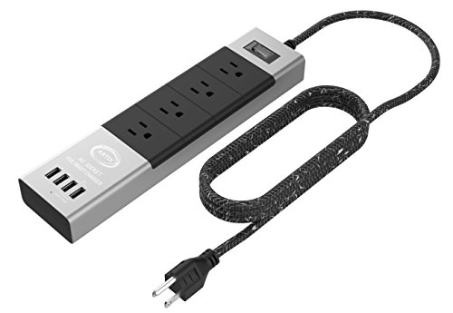 Power Strip Surge Protector By Artix Nrgpower C500, Aluminum With Scratch-Proof Rubber Protective Outlets, 4 Outlets And 4 Usb Ports, Ismart Technology Charging Station (Black & Silver) #TOP2