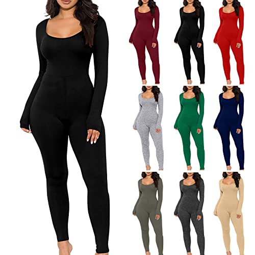 Firero One Piece Jumpsuits For Women Yoga Jumpsuits Workout Ribbed Square Neck Long Sleeve Bodycon Rompers Sport Jumpsuits 01-Dark Gray Large #TOP4