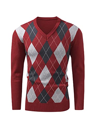 Meilicloth Jersey Hombre Cuello Pico V Punto Patrón de Diamante Cuadros Manga Larga Casual Rojo S Cover