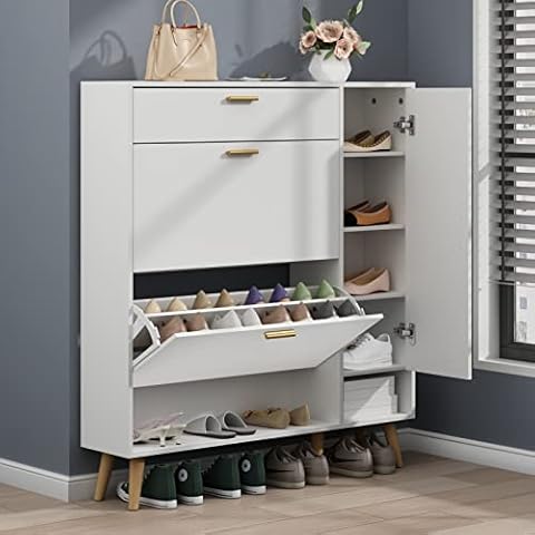 Gyfimoie Shoe Rack Cabinet, Free Standing Shoes Storage Organizer Cabinet with 2 Flip Drawers, Entryway Narrow Shoe Rack Storage with Doors for Entryway Cover