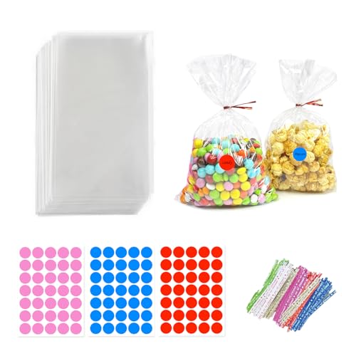 Wenrescry 100 unidades Bolsas para chuches,Bolsas transparentes para chuches,transparentes,con lazos, 15 x 20 cm, bolsas de plástico para bodas, cumpleaños, Navidad, Candybar y cumpleaños infantil