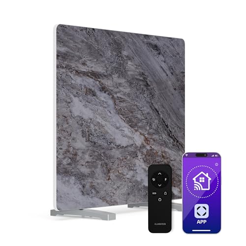 Klarstein Calefactor Infrarrojo 420W – Panel Mármol, Montaje en Pared o Independiente, Termostato, WiFi, IP43 Baño, Temporizador, Seguridad Infantil, Calefacción Eficiente, Gris