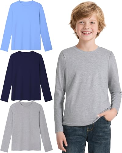 3 Pack Boys Long Sleeve Shirts Girls Cotton Crewneck T-Shirts Kids Basic Soft Long Sleeve Tees Top 5-13 Years