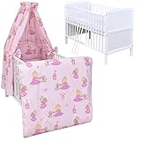 Generisch Baby Delux Babybett Komplett Set Kinderbett umbaubar zum Juniorbett 140x70 weiß Natalie Bettset Matratze 12-TLG Vollstoffhimmel (Prinzessin)