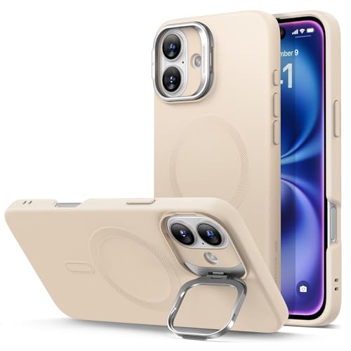 ESR for iPhone 16 Plus Case, Silicone Case with Stand, Military-Grade Protection, Built-in Camera Stash Stand, Magnetic Phone Case for iPhone 16 Plus, Cloud Series, Light Tan