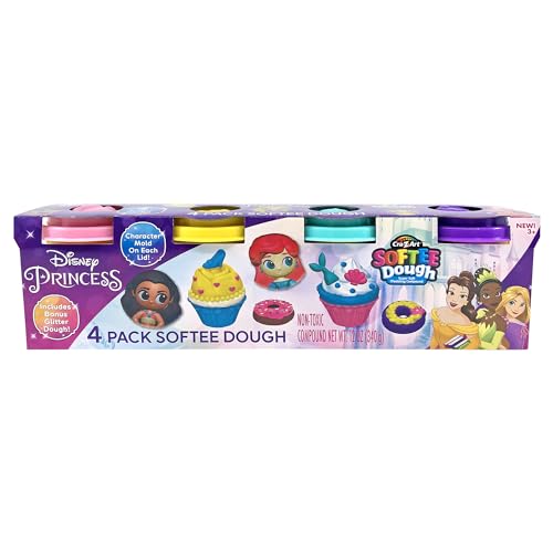 CRA-Z-Art Disney Princess 4 Pack Softee Dough with Princess Character Molds on Each Lid Ariel, Belle, Moana and Rapunzel, and Includes Bonus Glitter...